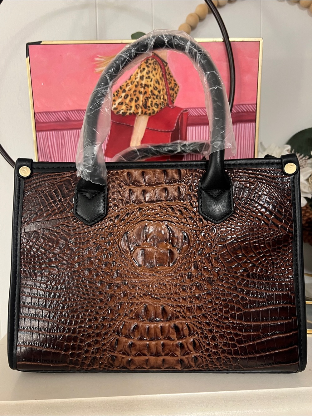 Brown Croc-Embossed Tote Bag -with 2 wallets and shoulder strap